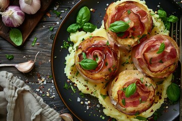 Sticker - Fried bacon mashed potatoes and basil rolls on a table Top view for web banner