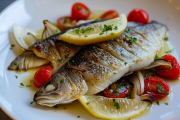 Wall Mural - Fried sea bass with sauteed fennel chicory cherry tomato lemon sauce