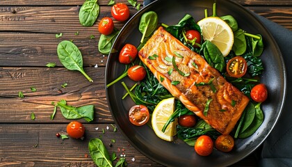 Wall Mural - Fried salmon with spinach lemon cherry tomatoes on black plate