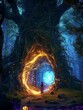 A mystical pathway leading to a glowing tree inside an enchanting and surreal forest scene