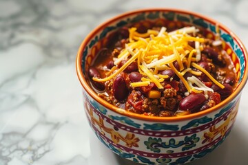 Canvas Print - Homemade chili with cheese in a vivid bowl on a white surface