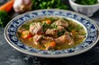 Homemade Hungarian chicken soup with chicken liver and carrot in a ceramic bowl