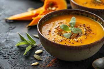 Wall Mural - Homemade pumpkin soup served in a bowl on rustic background