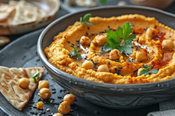 Poster - Hummus made with sweet potato or pumpkin in a gray bowl