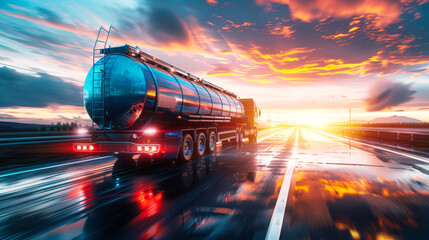 Wall Mural - A tanker truck laden with fuel barrels cruises down the highway in the warm glow of a sunset