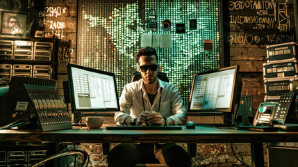 A man immersed in focused concentration while sitting at a desk in front of two computer monitors