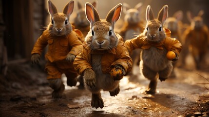  Rabbits lead a football team in an amusement park.  Surrealistic action photo