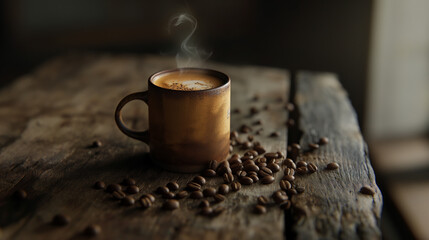 A rustic bronze mug of hot coffee with steam rising atop a wooden table surrounded by loose coffee beans