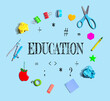 Education theme with school supplies overhead view - flat lay