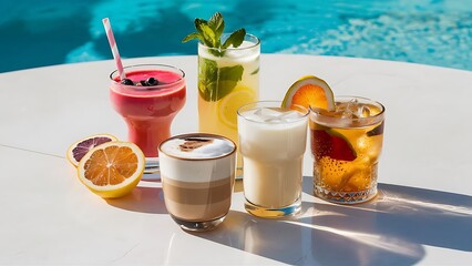 Wall Mural - Set with different refreshing summer beverages on white background