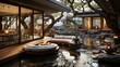 Courtyard with a Zen garden and a modern house in the background