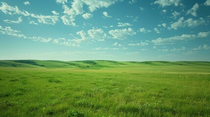 Wall Mural - Vast green grassland under blue sky with white clouds