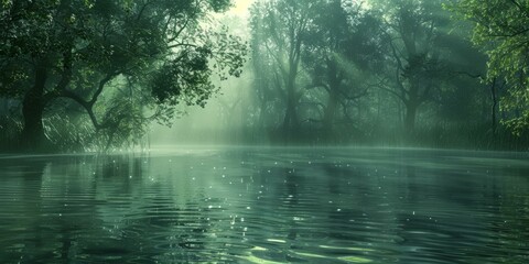 Wall Mural - Misty green lake in the morning