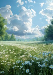 Wall Mural - Field of daisies under a blue sky with white clouds