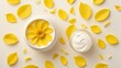 yellow flower petals background with cream lotion on container jar pot for skincare ad beauty product concept from Generative AI
