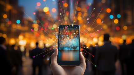 Wall Mural - A hand holding a smartphone with a colorful light burst in the background