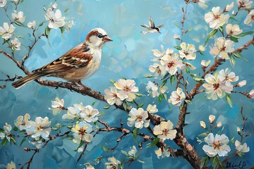 Naklejka na meble Two Birds in Serene Morning: Vertical Wall Art Oil Painting on Blue, White Flowers Nature Scene