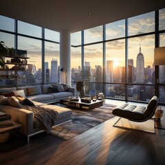 Canvas Print - Modern apartment living room with amazing city view