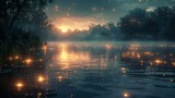 Fototapeta  - A serene lakeside scene where fireflies hover above the waters surface, their soft glow reflected in the rippling waves as