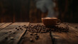 A soothing cup of coffee sits on an old wooden table, steam curling upwards, with scattered coffee beans