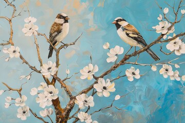 Naklejka na meble Two Birds on a Tree White Flowers Oil Painting with Blue Background - Vertical Nature Scenic Wall Art
