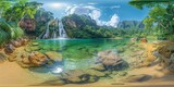 Fototapeta  - An immersive 360-degree equirectangular panorama of a lush tropical paradise, with vibrant rainforests teeming with exotic flora and