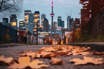 Poster - Toronto skyline at dusk with fallen leaves in the foreground