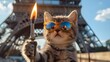 © Koko Art Studio - Funny cat holding Olympic flame torch, weal sunglasses. Paris Eiffel Tower background, travel to France. Creative animal concept cute pet in costume modern 3d digital art humor greeting card wallpaper
