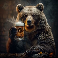 Wall Mural - A bear is drinking a mug of beer in the forest