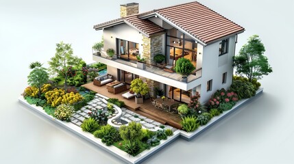 Wall Mural - A modern two-story house with a beautiful garden and pool