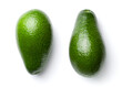 Bright, green avocados on a white, isolated background. Top view