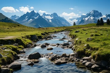 Wall Mural - A beautiful landscape of a mountain valley with a river running through it