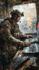 Wall Mural - Soldier operates computer in battlefield