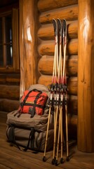 Wall Mural - A Collection of Vintage Wooden Cross-Country Skis and Poles Leaning Against a Wooden Wall