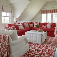 Canvas Print - Red and white living room with a red patterned rug, white armchair and red patterned pillows