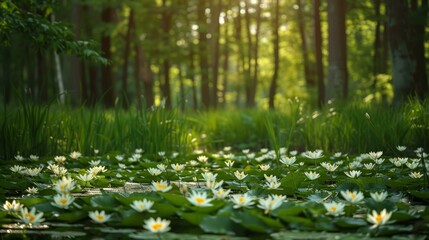 Wall Mural - Beautiful white water lilies and green leaves on pond in forest