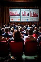 Audience at a business conference watching presentation slides on large screens