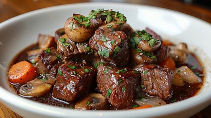 Sticker - Highlight the richness and complexity of flavors in a plate of beef bourguignon, featuring tender beef stewed in red wine