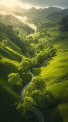 Wall Mural - Country road through a valley with green hills and trees