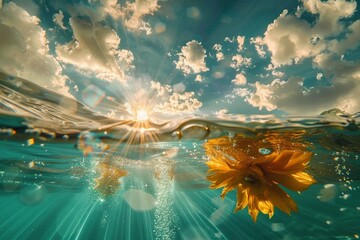AI generated illustration of the sunlight filtering through clouds illuminating a flower, in summer