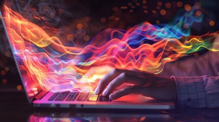 typing on a laptop digital waves of data flow and information exchange