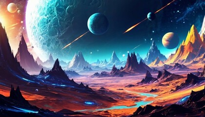 Wall Mural - Abstract space exploration background with cosmic landscapes and sci-fi elements.
