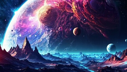 Wall Mural - Abstract space exploration background with cosmic landscapes and sci-fi elements.