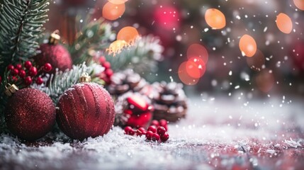 Poster - Red and white Christmas ornaments on a snowy wooden table.