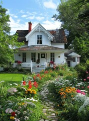 Wall Mural - Small White Cottage With Colorful Garden