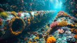 Showcase the underwater environment where submarine cables are installed, with colorful coral reefs and diverse marine life coexisting alongside the