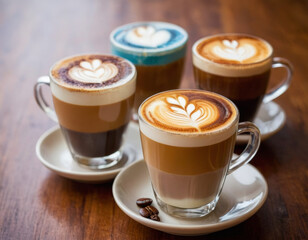 cups of colourful macchiato