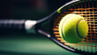 A close-up image capturing the dynamic moment of a tennis ball on a racket, emphasizing the textures and details of the sport.