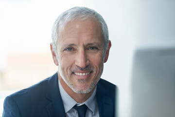 Aufkleber - happy, portrait and mature businessman with computer in office for email, connectivity and internet.