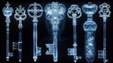 Fototapeta Panele - X-ray scan of a collection of antique keys, showcasing the intricate designs and shapes.